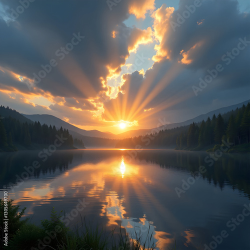 Spectacular Sunset over a calm lake in Colorado Rockies. Oil Painting style. There are no words to describe the beauty adequately.  photo