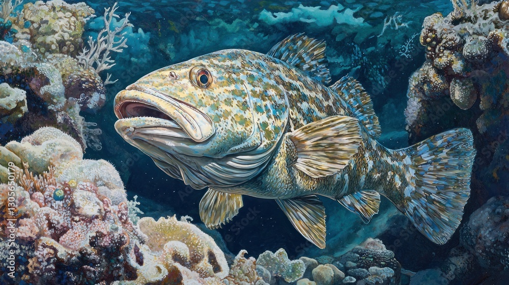 Obraz premium Close-up of a grouper swimming amidst vibrant coral reef.