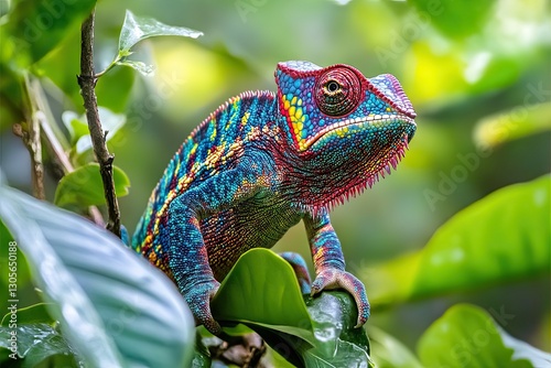 On a tree, a panther chameleon, Furcifer pardalis Ambilobe, is observed