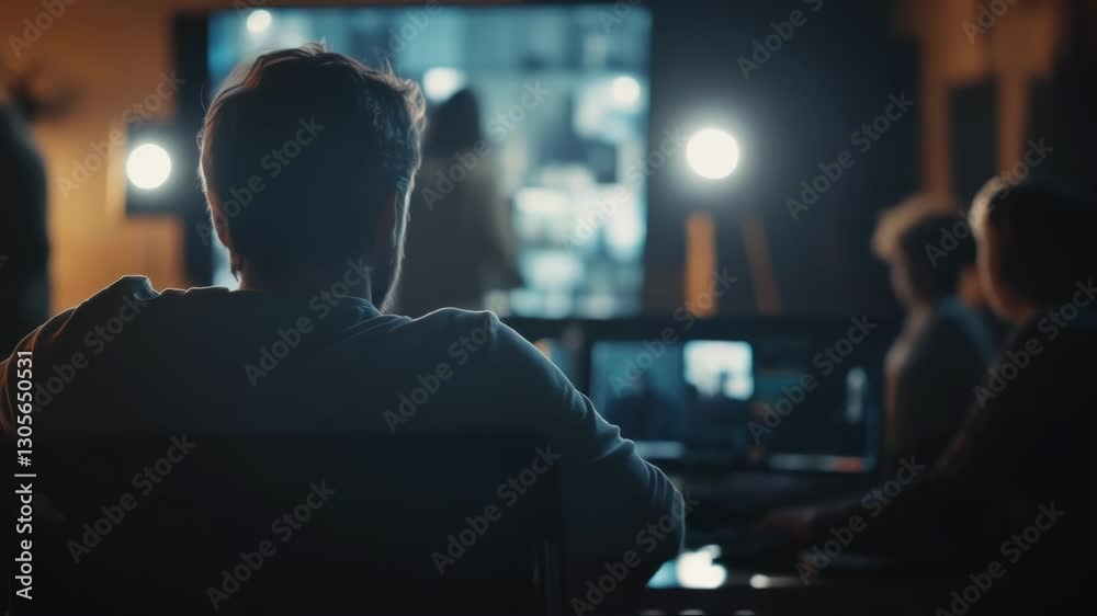 Post production team reviewing footage on a multi screen display, ensuring quality and continuity in a professional studio environment, illuminated by soft, focused lights