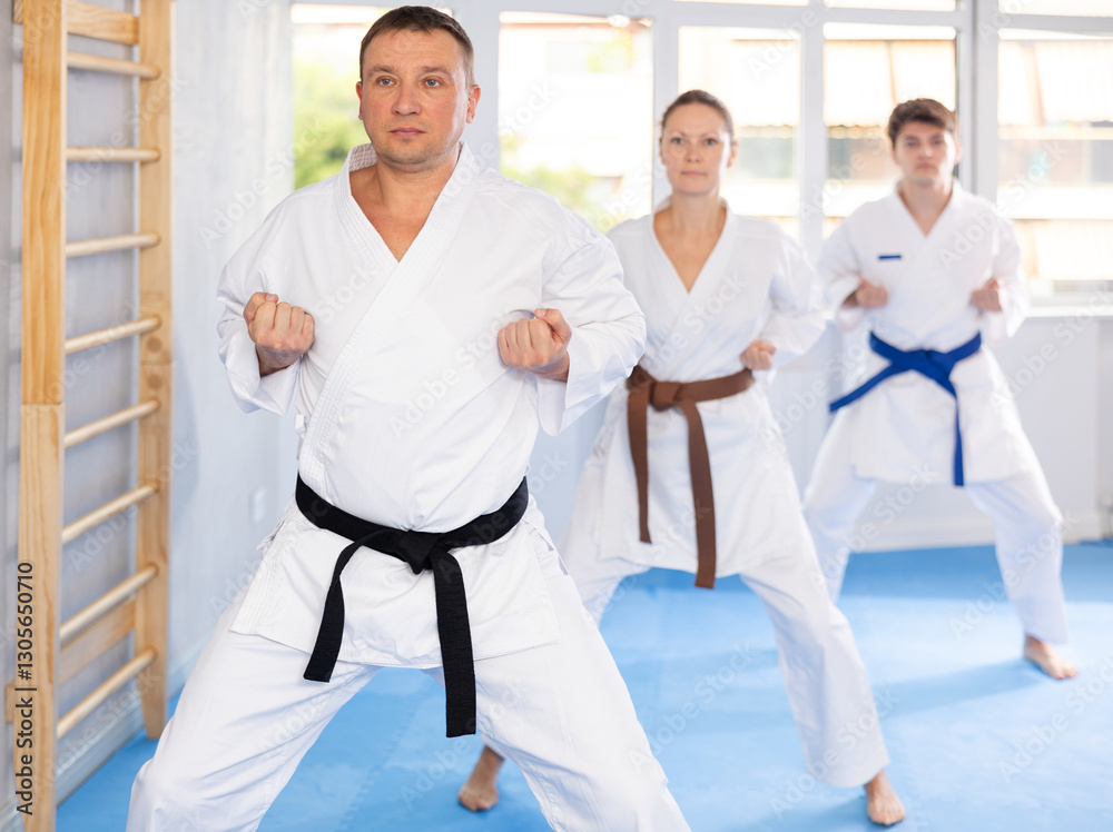 Three athletes have taken starting position and studying and repeating sequence of punches and painful techniques in karate kata technique. Oriental martial arts, training and obtaining black belt Three athletes have taken starting position and studying and repeating sequence of punches and painful techniques in karate kata technique. Oriental martial arts, training and obtaining black belt