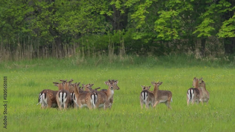 Damhirsch (Dama dama), Gruppe von Hirschen auf Wiese im Frühling