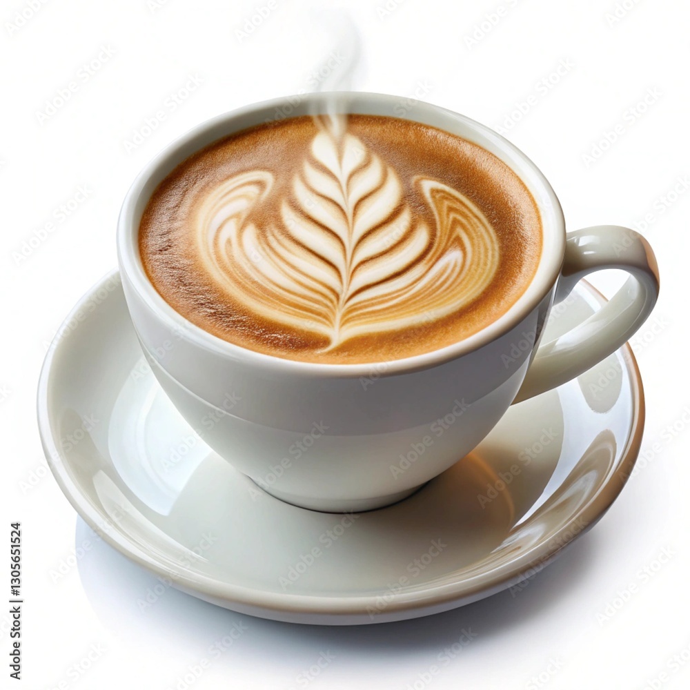 Steaming hot cup of coffee with latte art