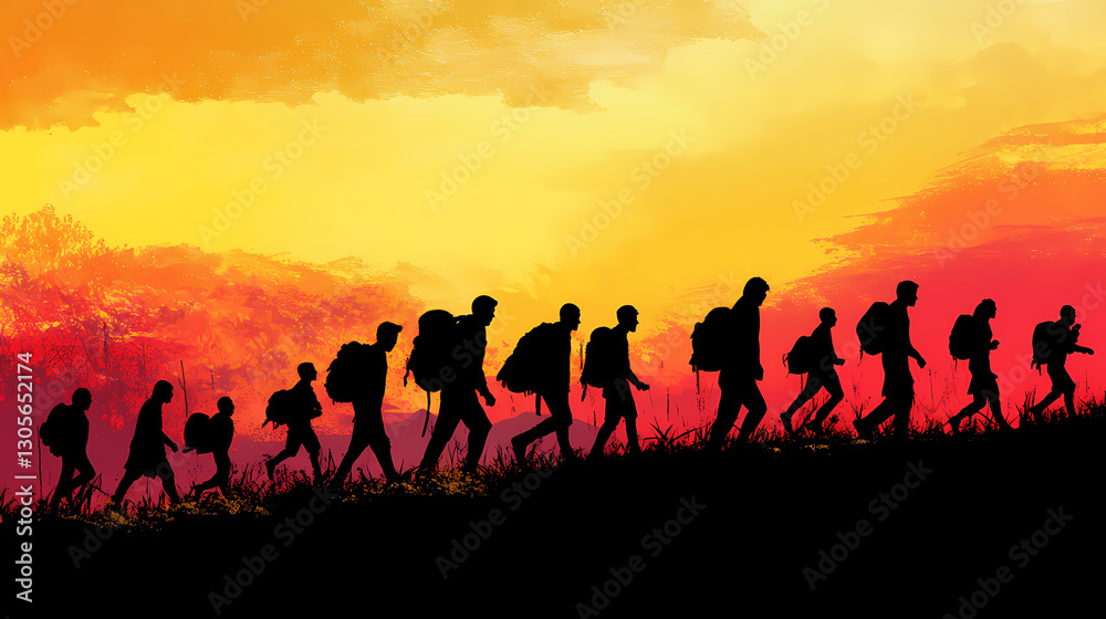 Refugees and immigrants looking for a new hope in life. silhouette. column of migrants. abandon their lands for a better future. borders. Hope - Sunrise. Illustration Refugees and immigrants looking for a new hope in life. silhouette. column of migrants. abandon their lands for a better future. borders. Hope - Sunrise. Illustration