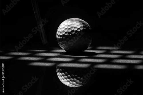Minimalist view of a golf ball illuminated by a spotlight against a black background