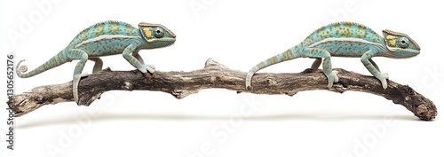 Yellow and blue hues of a Panther chameleon isolated against a white background