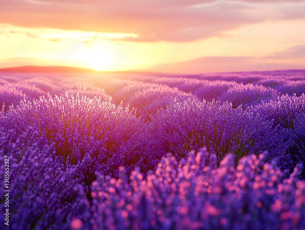 Obraz premium An endless field of lavender flowers glowing in warm sunrise