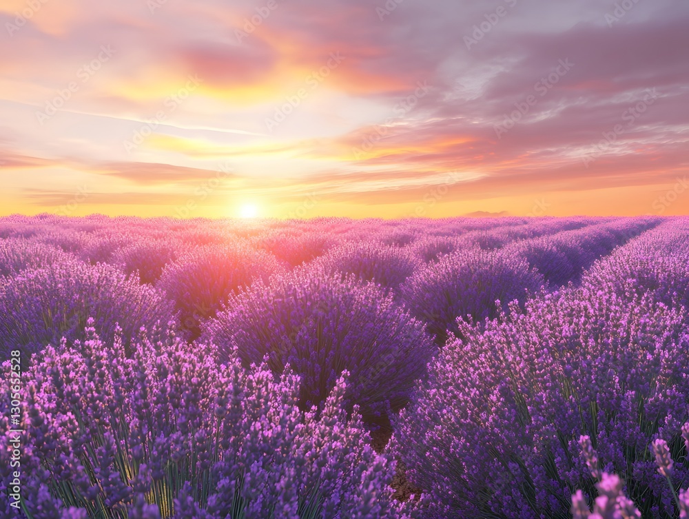 Obraz premium An endless field of lavender flowers glowing in warm sunrise