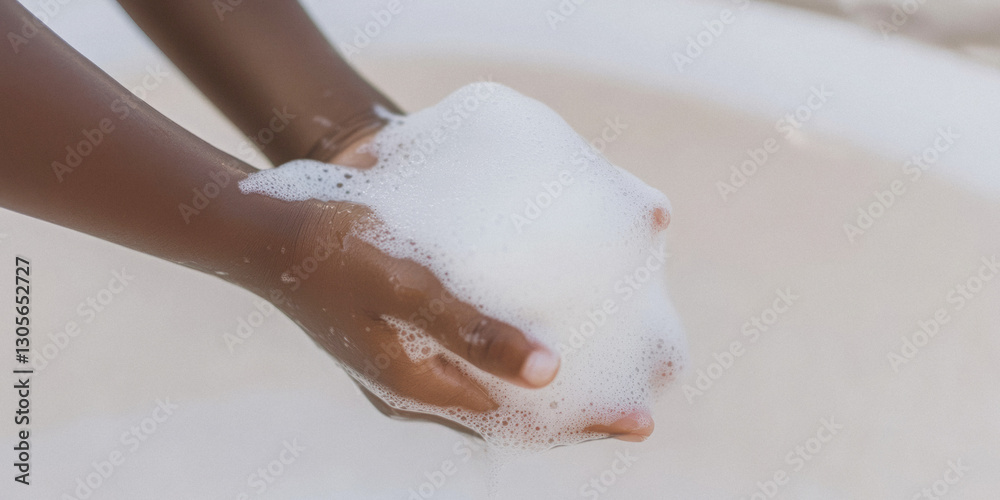 Fototapeta premium African child's hands holding sudsy foam over a bathtub
