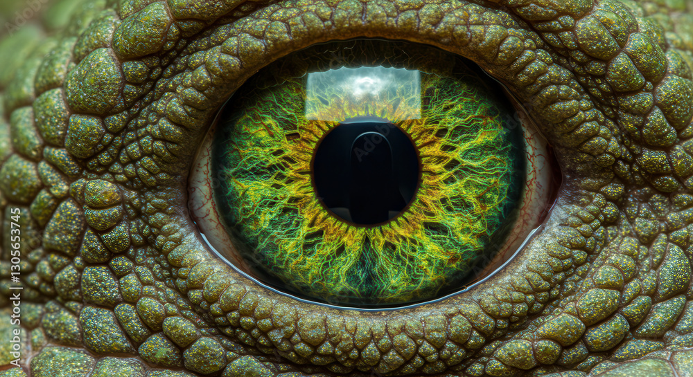 Obraz premium Macro Close-Up of a Green Reptile Eye with Detailed Texture and Captivating Vision