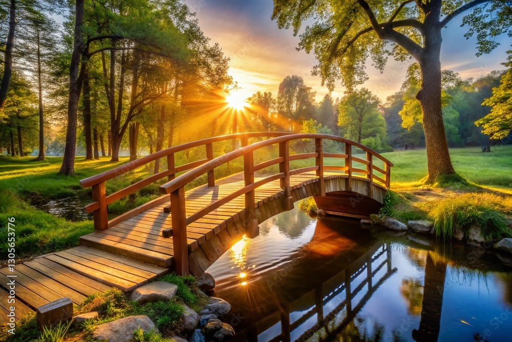 Fototapeta premium Sunlit Wooden Bridge Over Stream in Morning Park - Scenic Nature Stock Photo