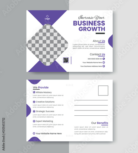 corporate marketing agency business purple postcard design with abstract shape editable premium vector