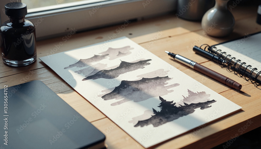 Minimalist ink illustration on desk by window, artistic inspiration Minimalist ink illustration on desk by window, artistic inspiration