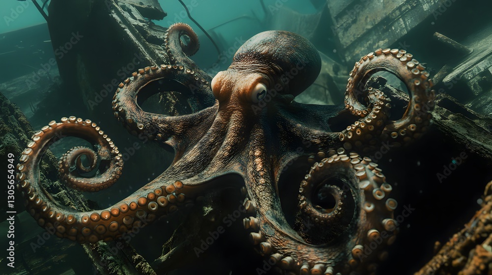 Fototapeta premium An octopus coiled around an old shipwreck