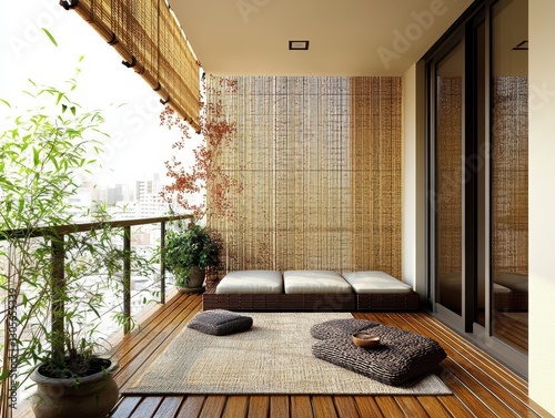 A serene and natural outdoor balcony with wooden flooring and plants