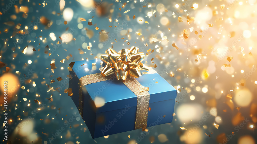 A blue gift box is open with light and gold confetti streaming from it. Hope - Sunrise. Illustration A blue gift box is open with light and gold confetti streaming from it. Hope - Sunrise. Illustration