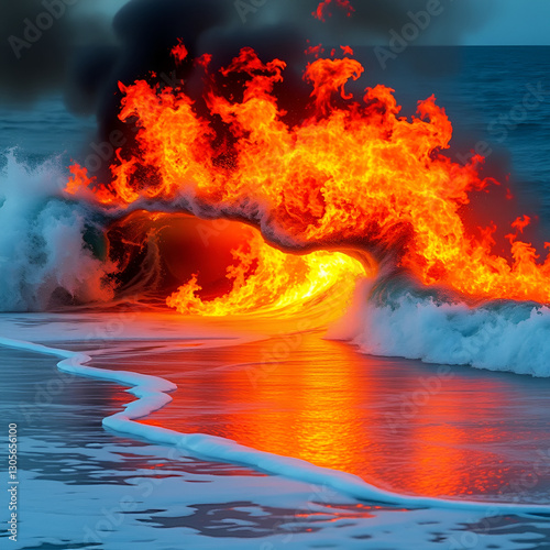 The beach, the water receding is on fire like an oil fire, one huge blue wave is about to smother the fire. Flames also in water, blue wave is awesome photo