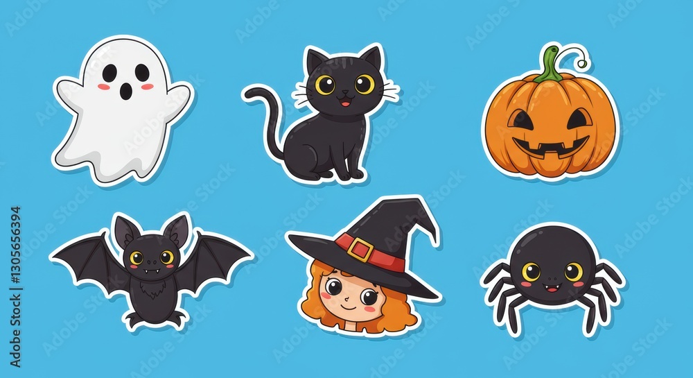 Obraz premium Cute halloween stickers with ghost, pumpkin, black cat, and witch on blue background