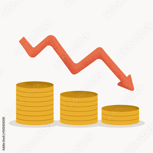Stacks of coins decreasing in size with a downward arrow, representing financial loss, economic decline, or market downturn on a light background.