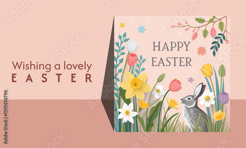 Happy Easter. Trendy Easter design with typography, spring flowers and Easter bunny. Modern art style. Horizontal poster, greeting card, website banner design.