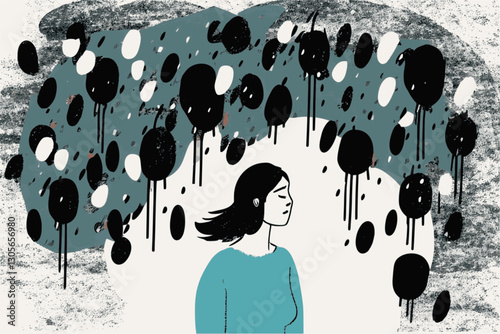 Woman Person in a Cloud of Anxieties, worrying depression, too many troubles and worries about the past future and present, simple vector graphic
