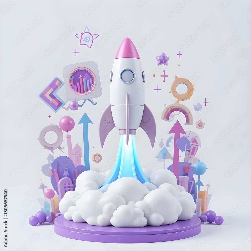 space shuttle launch, A 3D model of a white rocket ship launching upward from a cloud-shaped platform. The rocket has a pink nose cone and visible exhaust. The platform is a light purple-blue, space shuttle launch, A 3D model of a white rocket ship launching upward from a cloud-shaped platform. The rocket has a pink nose cone and visible exhaust. The platform is a light purple-blue,