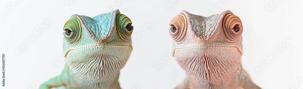 Fototapeta premium On a blank white canvas, the chameleon - Chamaeleo calyptratus - is portrayed with faces of joy and anger