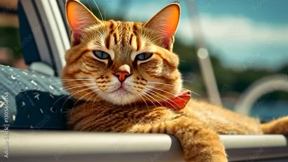 Relaxed ginger cat on a boat, enjoying the summer sun Relaxed ginger cat on a boat, enjoying the summer sun