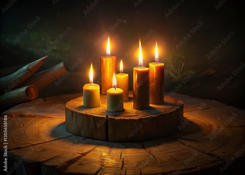 Third Advent: Four Candles on Wooden Slice, Dark Stone Wall Background, Text Space - Low Light Photography Third Advent: Four Candles on Wooden Slice, Dark Stone Wall Background, Text Space - Low Light Photography