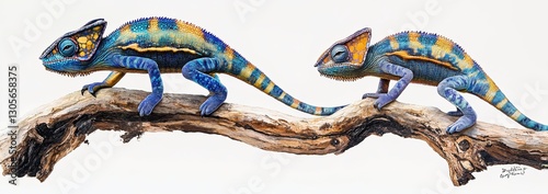 Isolated Panther chameleon in yellow and blue on a white background