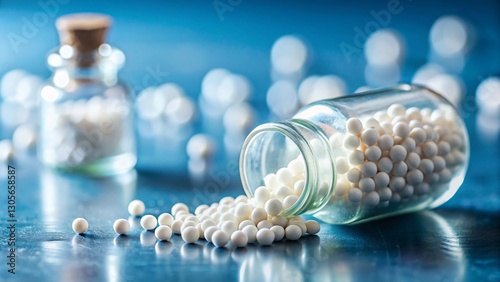 Tiny Homeopathic Pellets Spilled from Glass Bottle on Light Blue Background - Alternative Medicine Concept