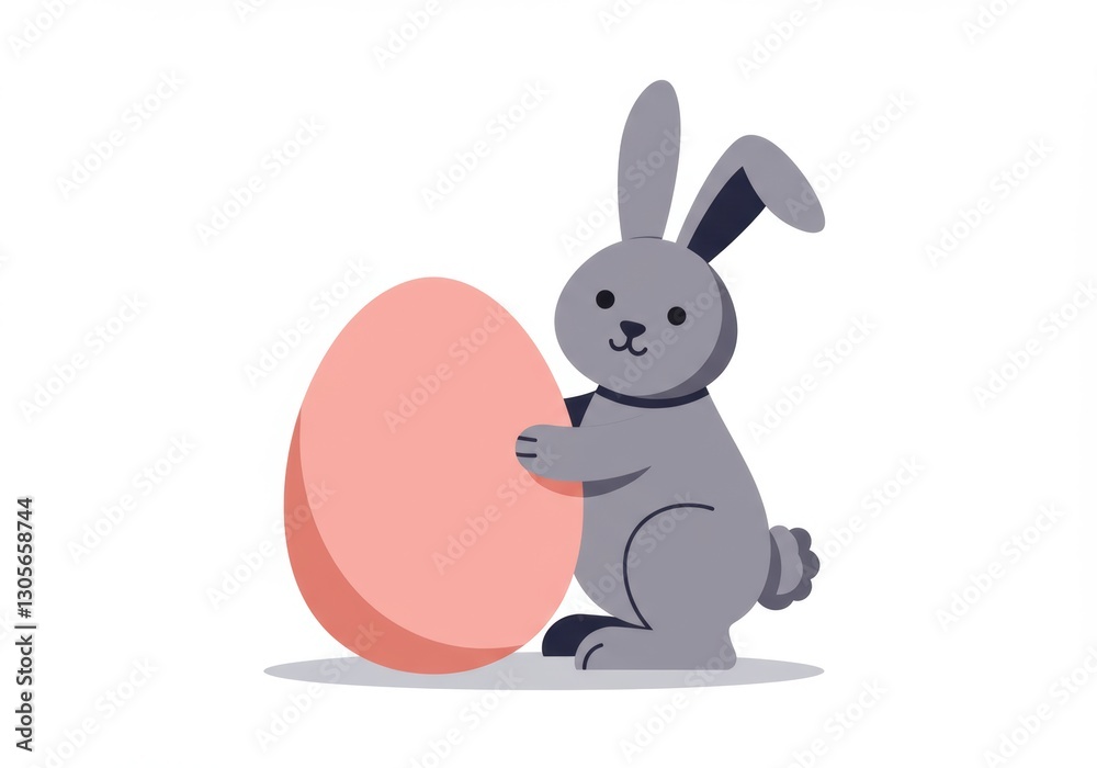 Obraz premium Cute gray bunny with large easter egg on white background