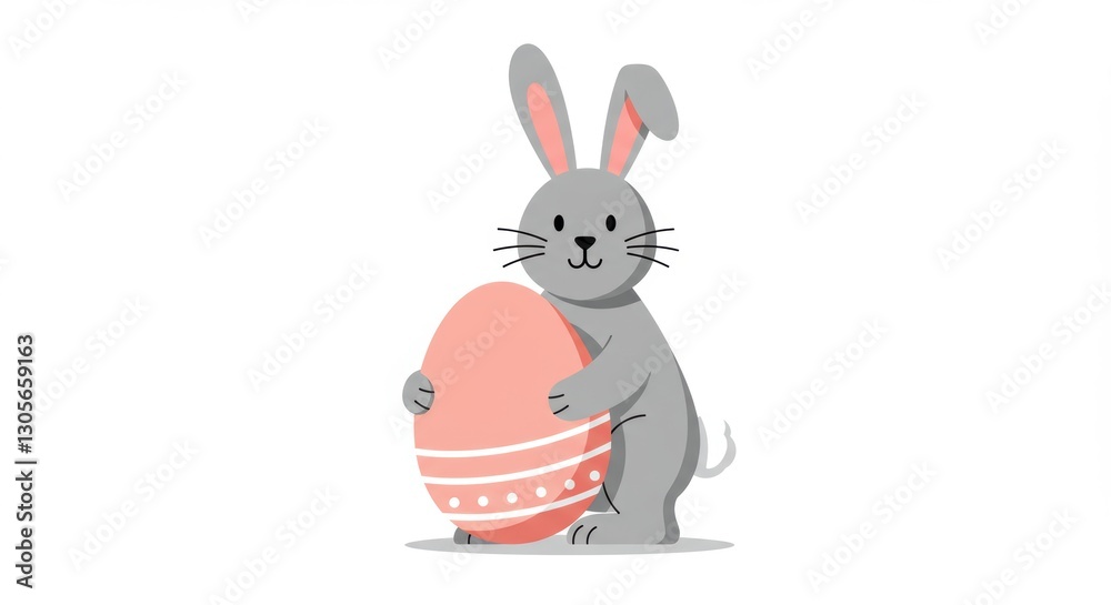 Fototapeta premium Cute easter bunny holding a pink egg with decorative patterns on white background