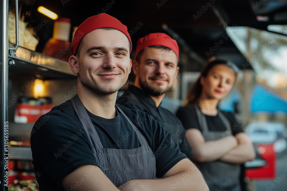 Fototapeta premium Photograph of a group of street food stall workers.