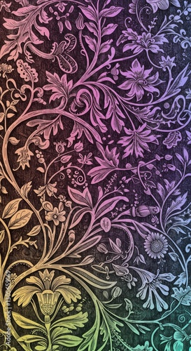 Colorful gradient botanical pattern with intricate floral design