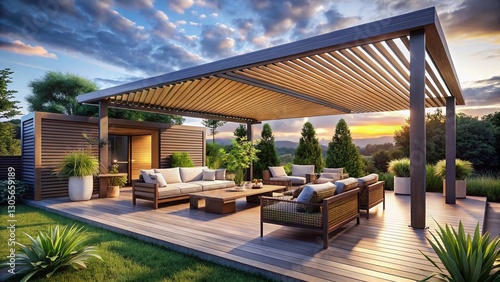 Trendy Patio Shade Structures: Panoramic View of Stylish Roof, Awning & Pergola Designs
