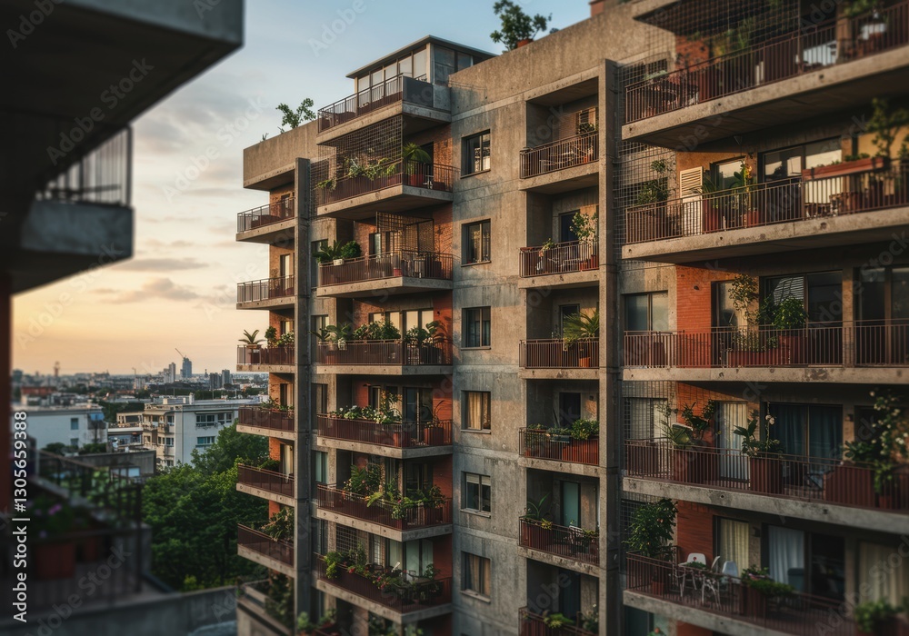 Urban apartment building with green balconies at sunset Urban apartment building with green balconies at sunset