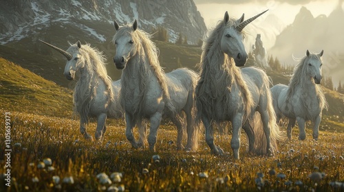 Four majestic white unicorns in a mountain meadow at sunset.