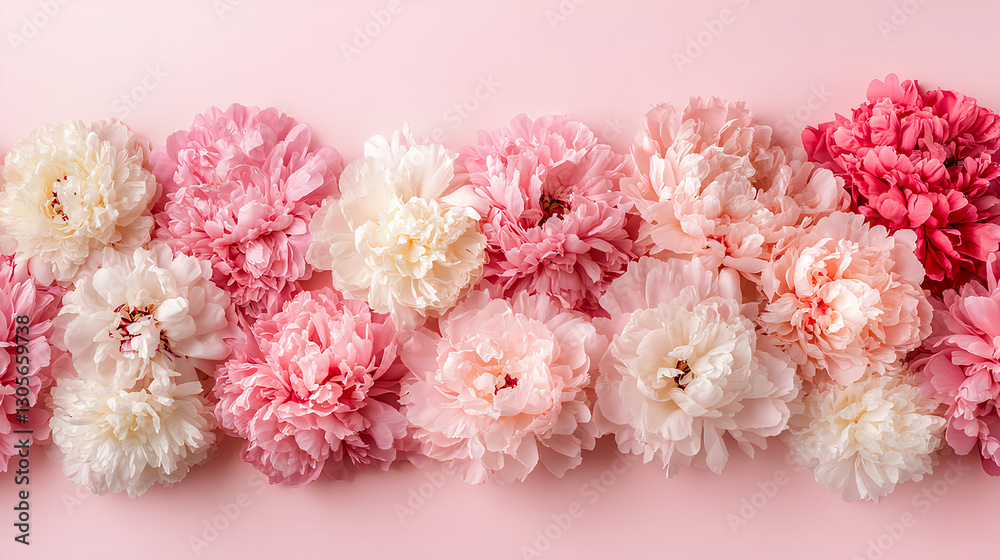 A lush arrangement of soft pink and white peonies forming a floral border against a pastel pink background, creating a dreamy and elegant botanical aesthetic A lush arrangement of soft pink and white peonies forming a floral border against a pastel pink background, creating a dreamy and elegant botanical aesthetic