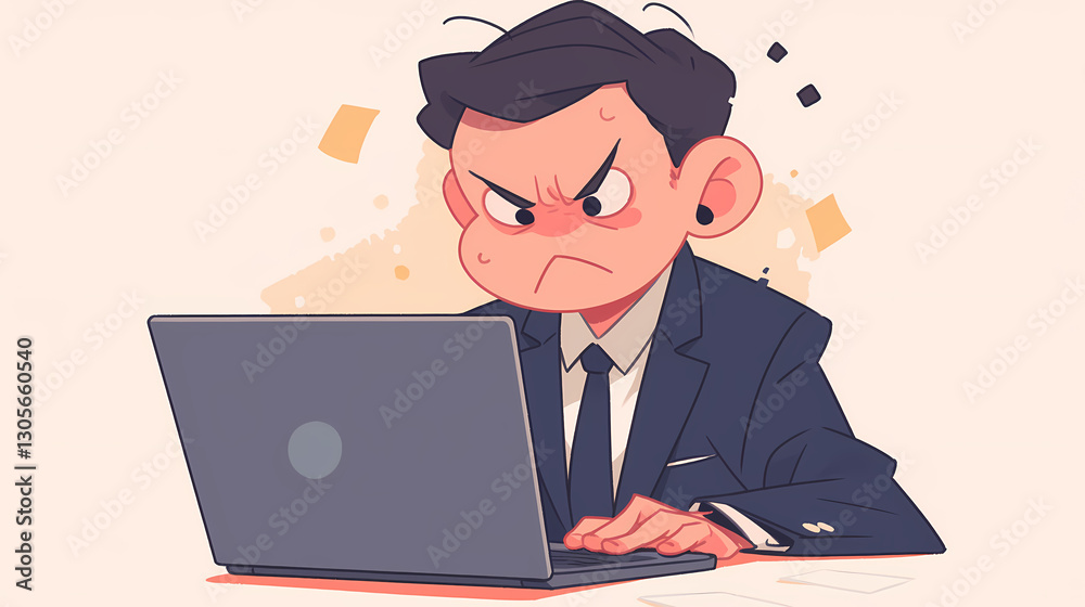 Frustrated businessman in a suit intensely working on a laptop, with abstract shapes in the background Frustrated businessman in a suit intensely working on a laptop, with abstract shapes in the background
