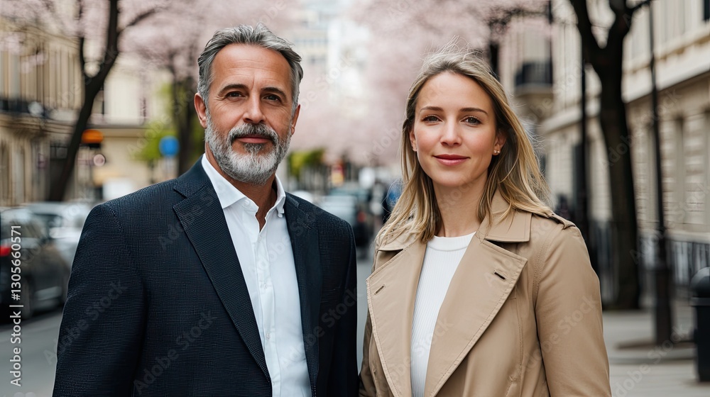 A sophisticated couple poses in a picturesque street lined with cherry blossom trees, showcasing their fashion sense in bright spring sunlight and a romantic atmosphere A sophisticated couple poses in a picturesque street lined with cherry blossom trees, showcasing their fashion sense in bright spring sunlight and a romantic atmosphere