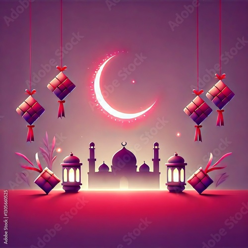 An elegant and harmonious generative AI image of an Islamic design with an Eid theme, displaying nuances of togetherness, blessings, and joy wrapped in a distinctive Islamic aesthetic.