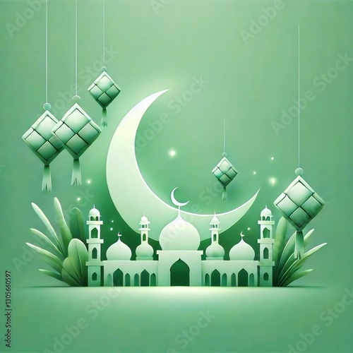 An elegant and harmonious generative AI image of an Islamic design with an Eid theme, displaying nuances of togetherness, blessings, and joy wrapped in a distinctive Islamic aesthetic.