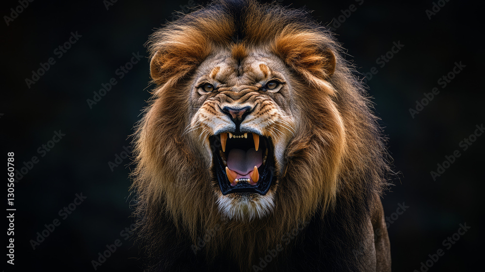 Powerful roaring lion with golden mane and sharp fangs isolated on black, fierce African predator showing dominance and strength in dramatic wildlife portrait Powerful roaring lion with golden mane and sharp fangs isolated on black, fierce African predator showing dominance and strength in dramatic wildlife portrait