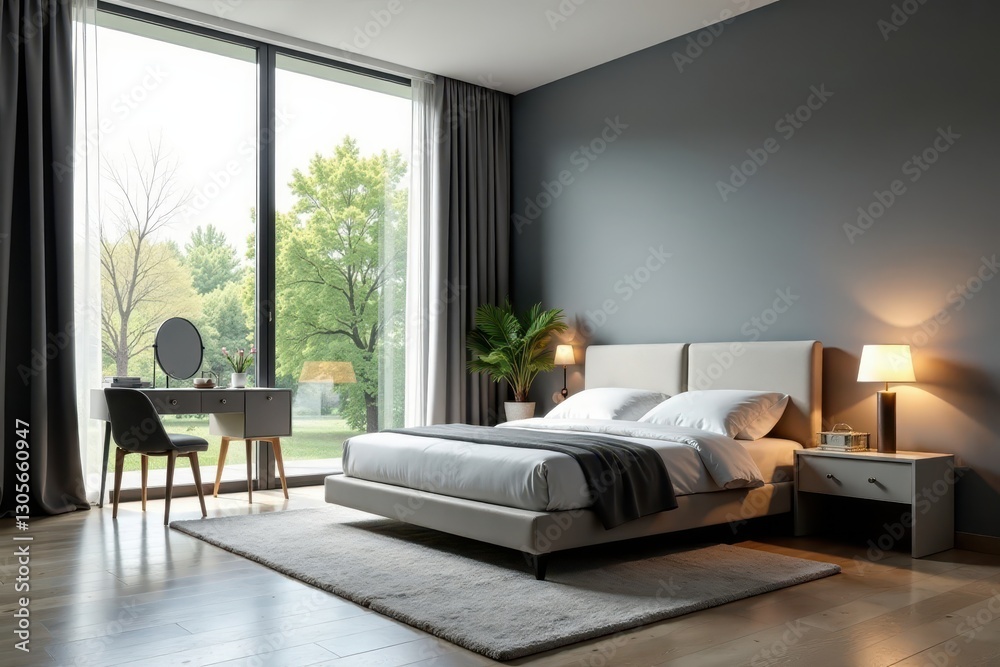 Fototapeta premium Spacious gray bedroom, large window, dressing table with mirror, panoramic, relaxing, cosmetic
