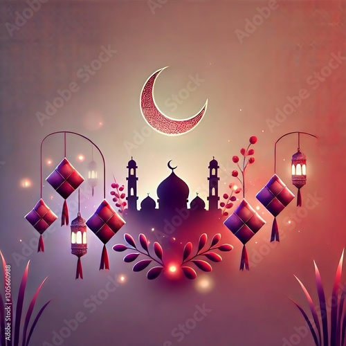 An elegant and harmonious generative AI image of an Islamic design with an Eid theme, displaying nuances of togetherness, blessings, and joy wrapped in a distinctive Islamic aesthetic.
