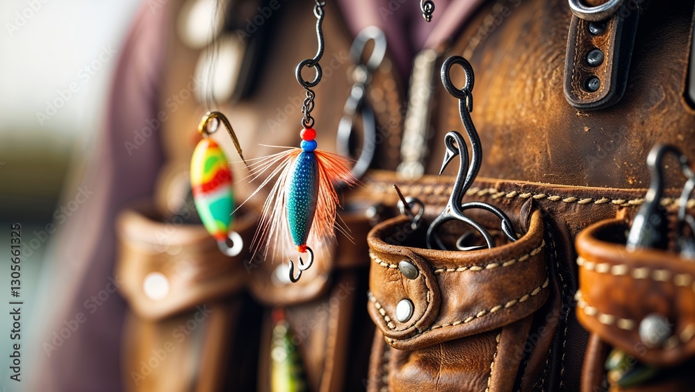 Φωτογραφία Colorful fishing lures displayed on a leather vest during an outdoor fishing tri