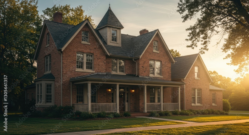 Charming red brick victorian house at sunset with lush greenery and warm glow Charming red brick victorian house at sunset with lush greenery and warm glow