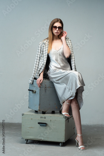 Fotografie Elegant woman in a silver satin dress posing stylishly