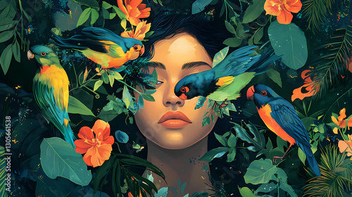 Surreal portrait of a woman adorned with vibrant birds and lush foliage, exploring nature's whimsy and beauty in a dreamlike setting. Whimsy - Carnival. Illustration